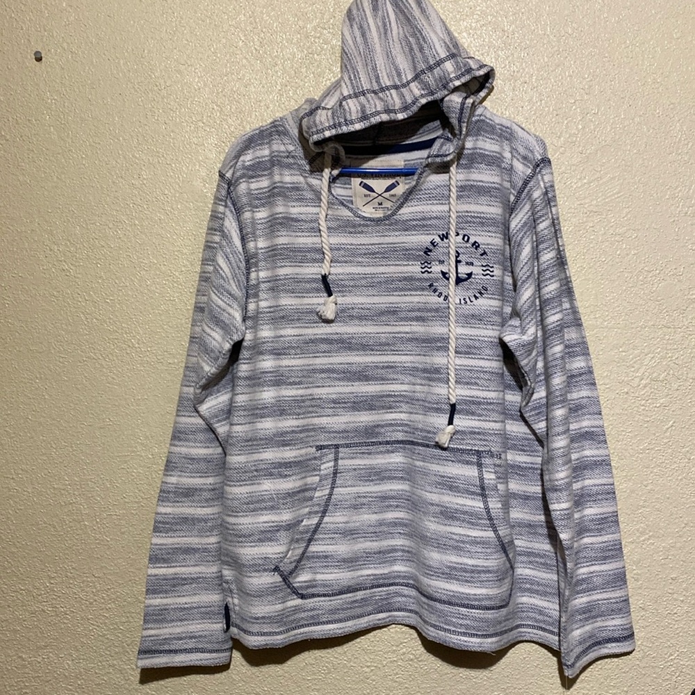 US Vintage Hooded Sweater M Stretchy Navy Blue Cream Stripes Kangaroo Pocket NWT
